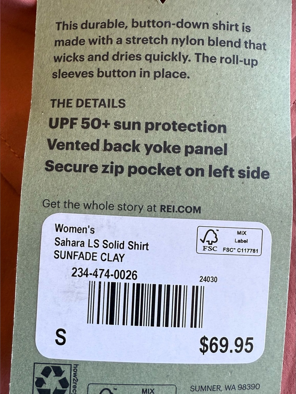 NWT REI Co-op Sahara Shirt Women’s S Sunfade Clay Hiking Camping - Picture 10 of 12